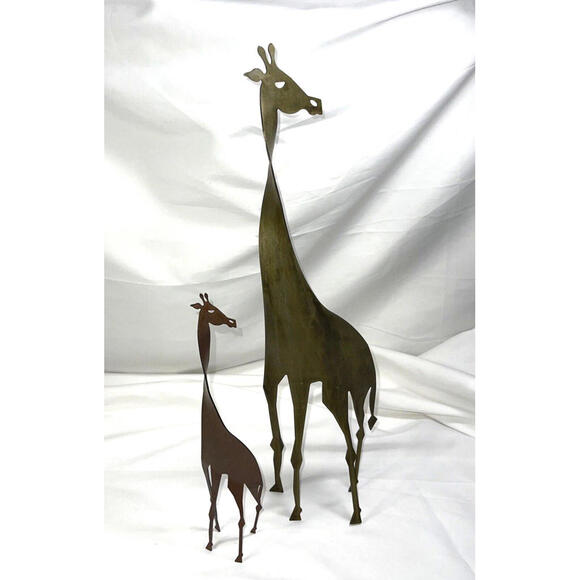 David Lesser Cutout Steel Adult Giraffe and Baby Calf Steel Sculptures - Vintage
